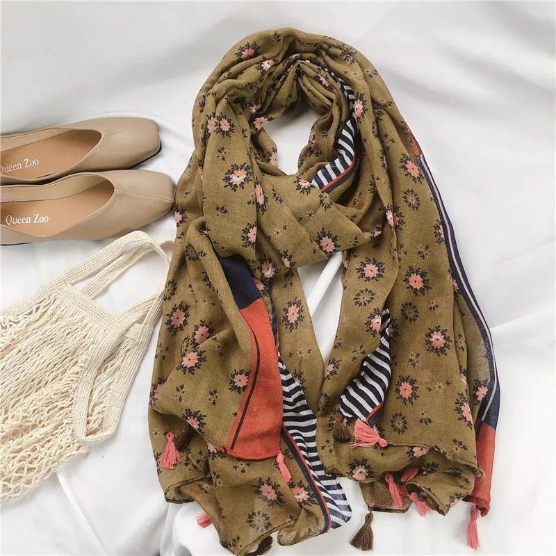 

Women Autumn Tassel Viscose Shawl Army Green Polka Floral Scarf Wrap Neck Snood Soft Bufandas Mujer Muslim Hijab 180*90cm