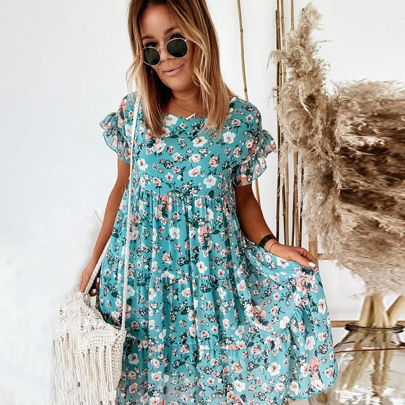 

Floral Print Boho Summer Dress Woman 2021 Fashion Beach Sundress Party Elegant Robe Ruffles Vintage Dresses Casual Vestidos