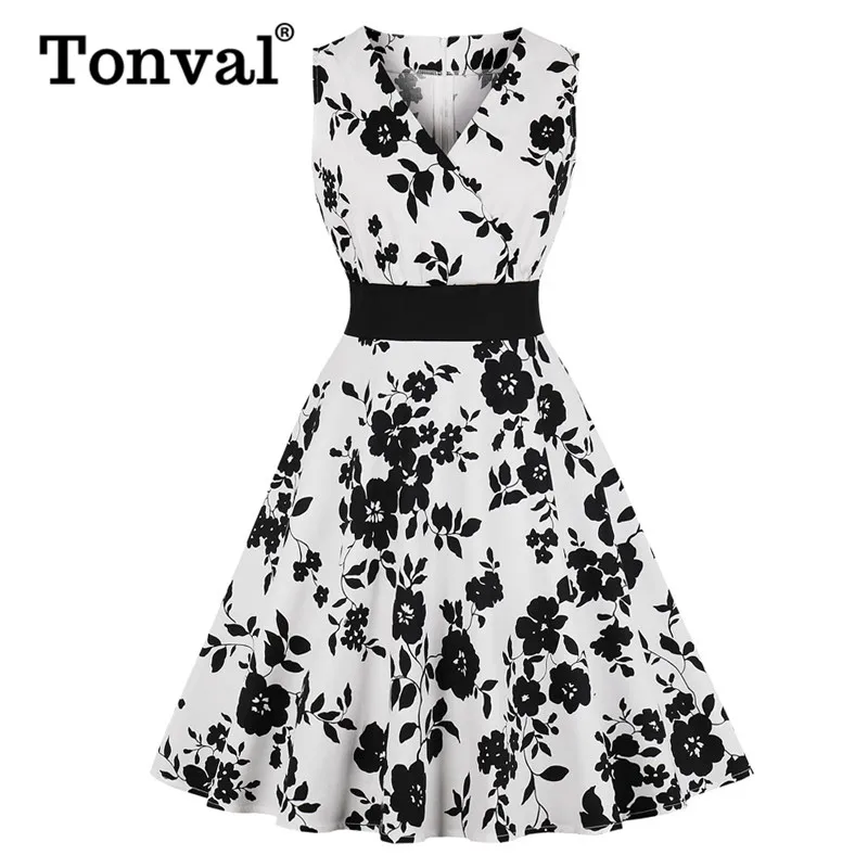 Женское винтажное платье трапеция Tonval черное с цветочным принтом высокой талией