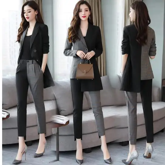Autumn Irregular 2 Piece Set Women Office Work Top&amppants Plaid Lady Femme Woman Suit Tracksuit DC94 |