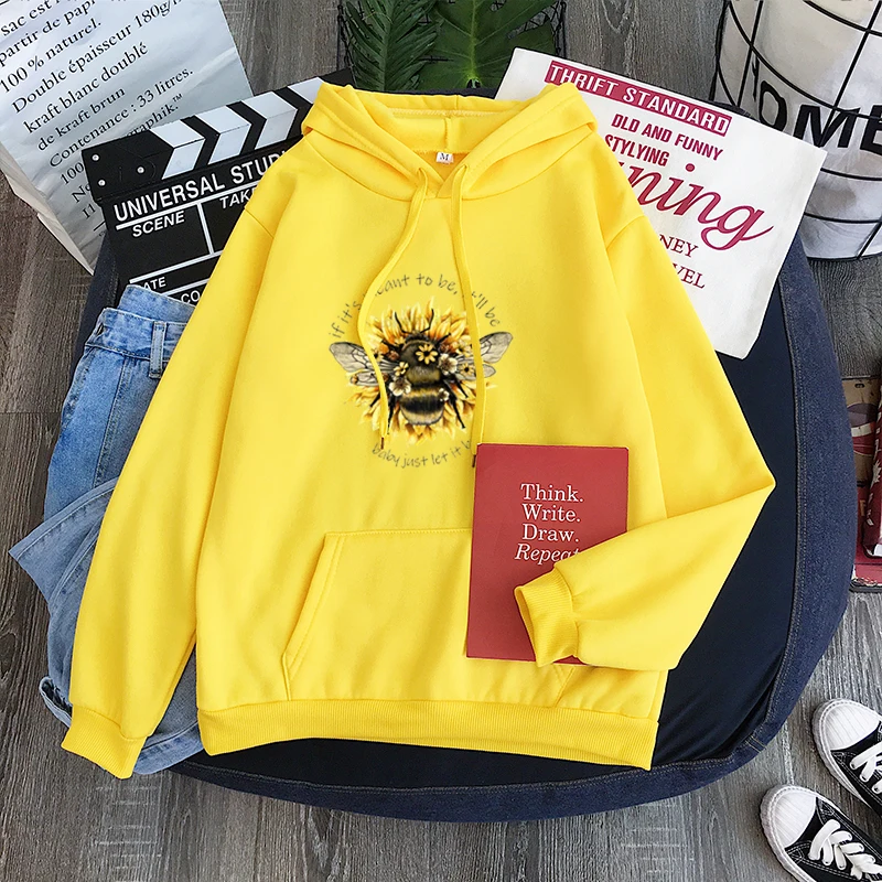 

Women sweatshirt Meant to Bee, Sunflower, hoodie Aesthetics Graphic Long Sleeve Sweatshirt with Hat Cotton Polyester hoody