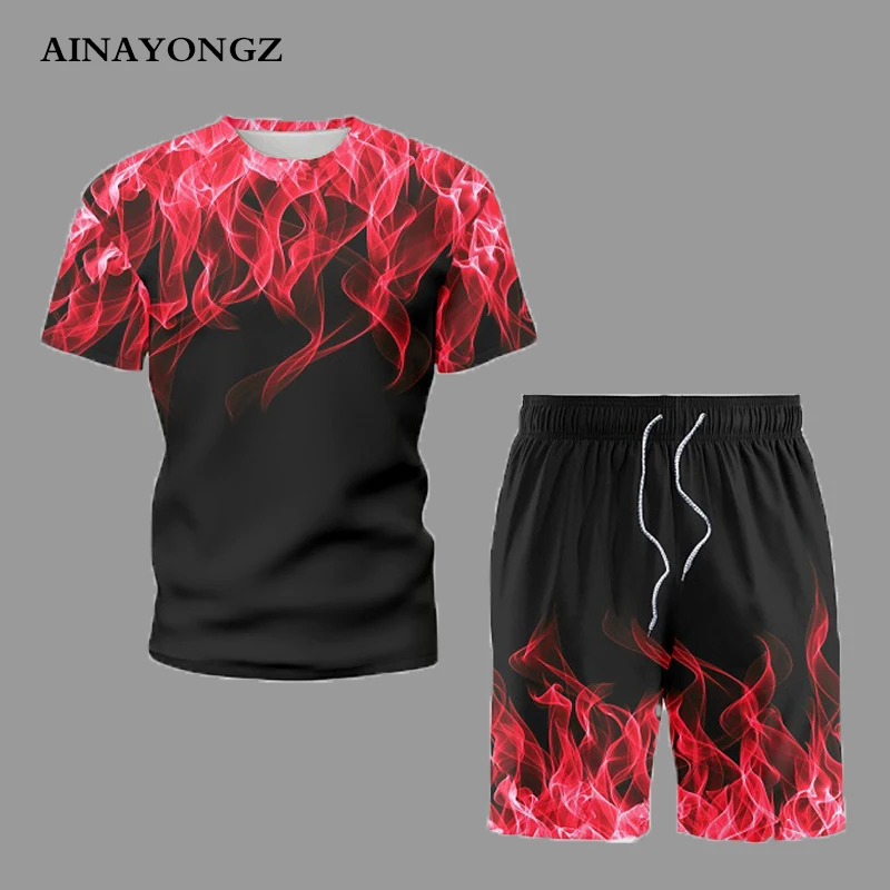 Summer Clothing Men Short Sleeve Set Red Flame Print Trend Tracksuit Suit For Male Oversized T-Shirt Shorts Casual 2- Piece 5XL