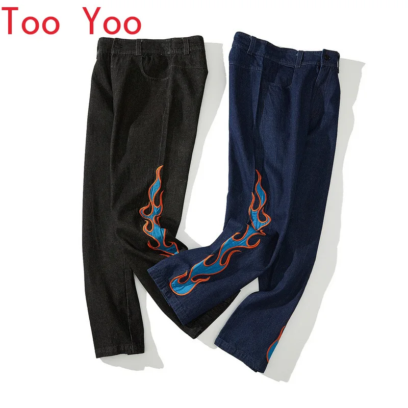 

Tide flame embroidery men's jeans high street hip-hop straight daddy pants men and women