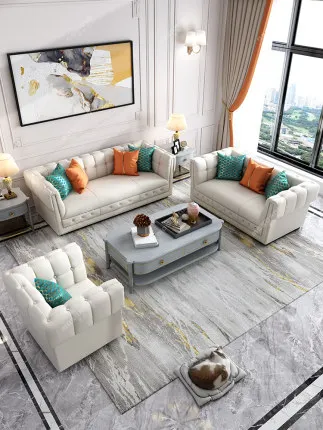 

luxury soft American solid wood sofa leather modern imported large size living room combination with several pillows