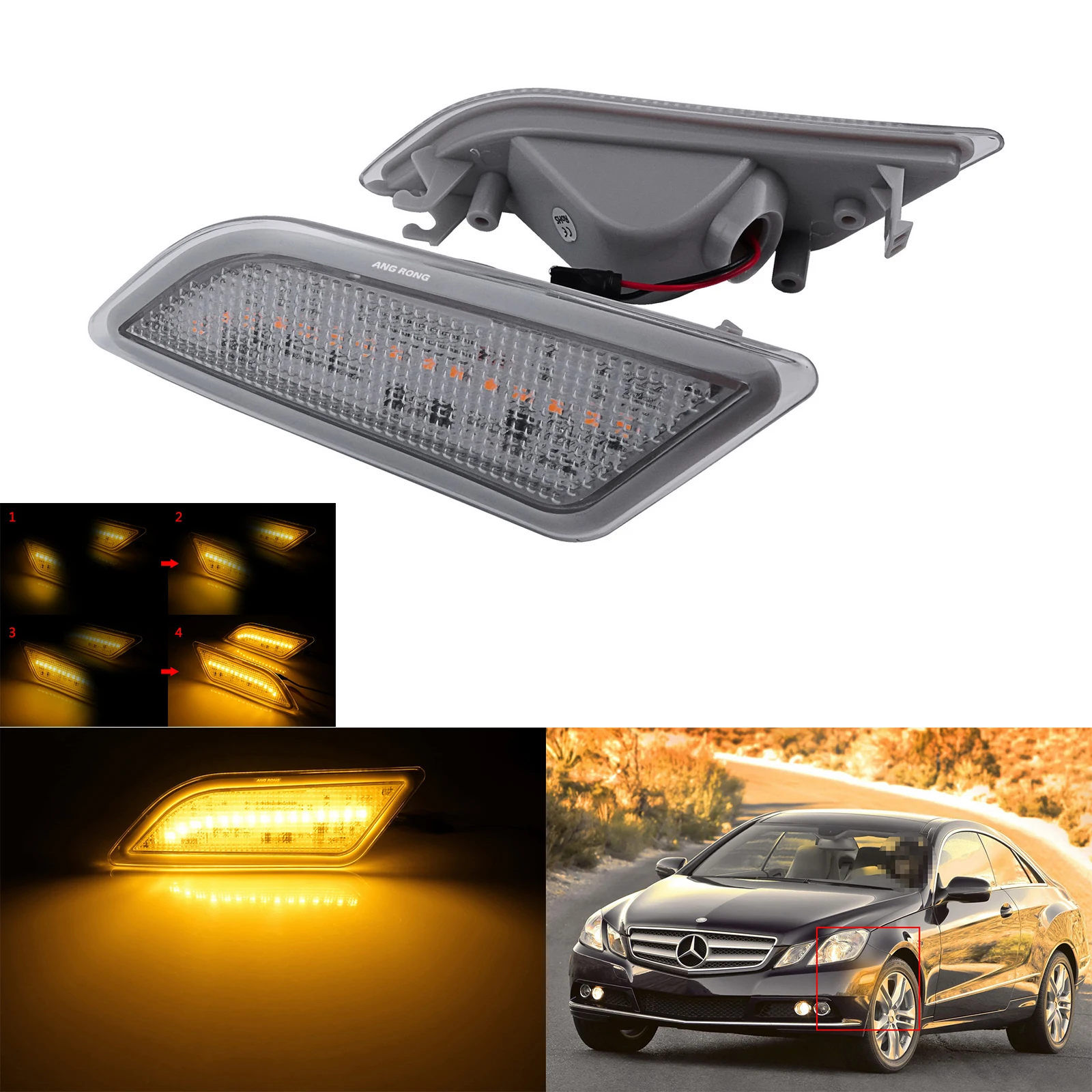 ANGRONG 2X Clear Lens LED Side Marker Lights Amber For Mercedes Benz W212 E300 E350 E400 E63 AMG