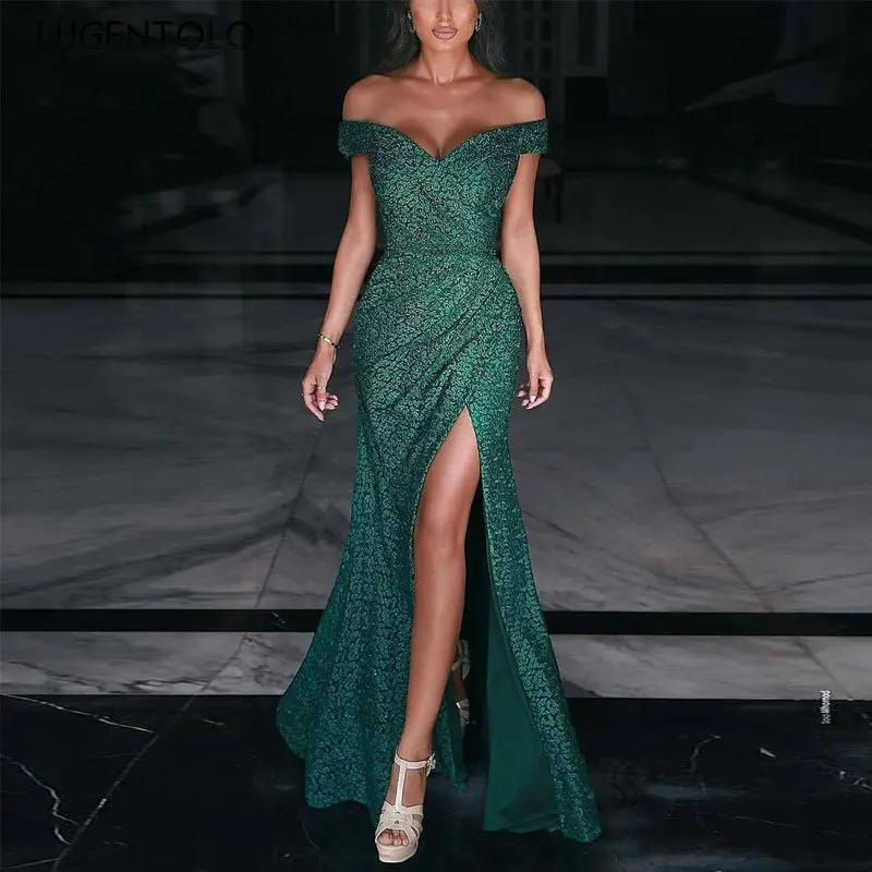 

Lugentolo Women Party Dress Autumn Sexy Shoulder Sequin Split Dinner Dresses Sleeveless Slim-fit Big Swing Maxi Dress