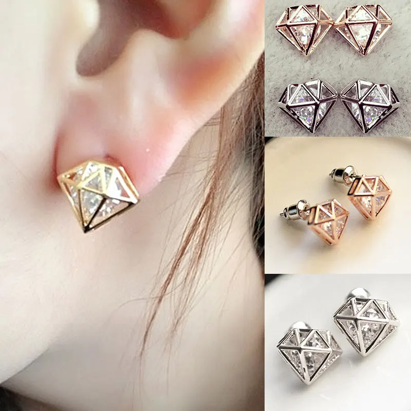 Модные серьги гвоздики со стразами женская форма с бриллиантами геометрической