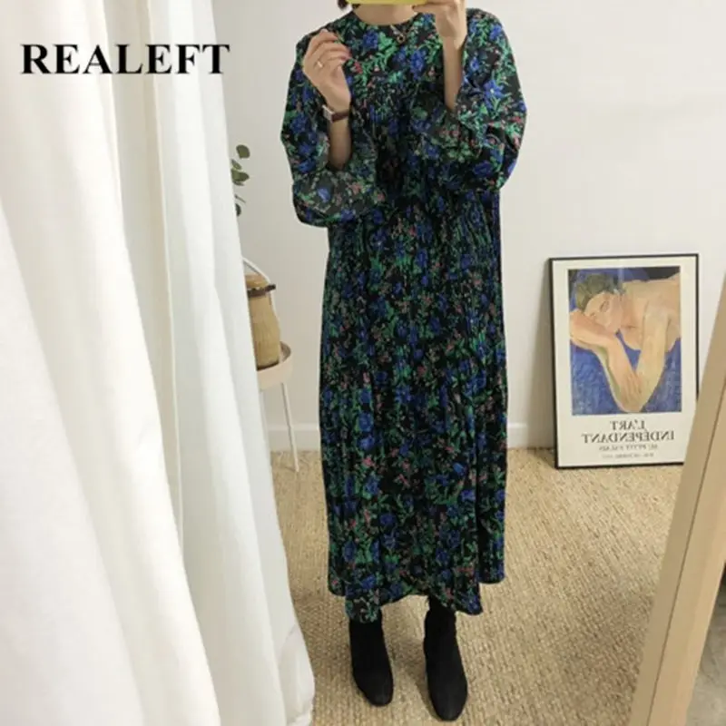REALEFT Весна 2020 новое винтажное платье с цветочным принтом плиссированные женские