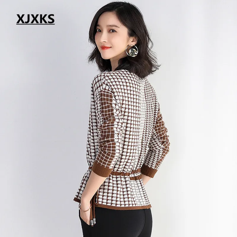 XJXKS 2019 autumn winter new high-end cashmere thick warm women's sweater pullover fashion plaid plus size knitted tops | Женская