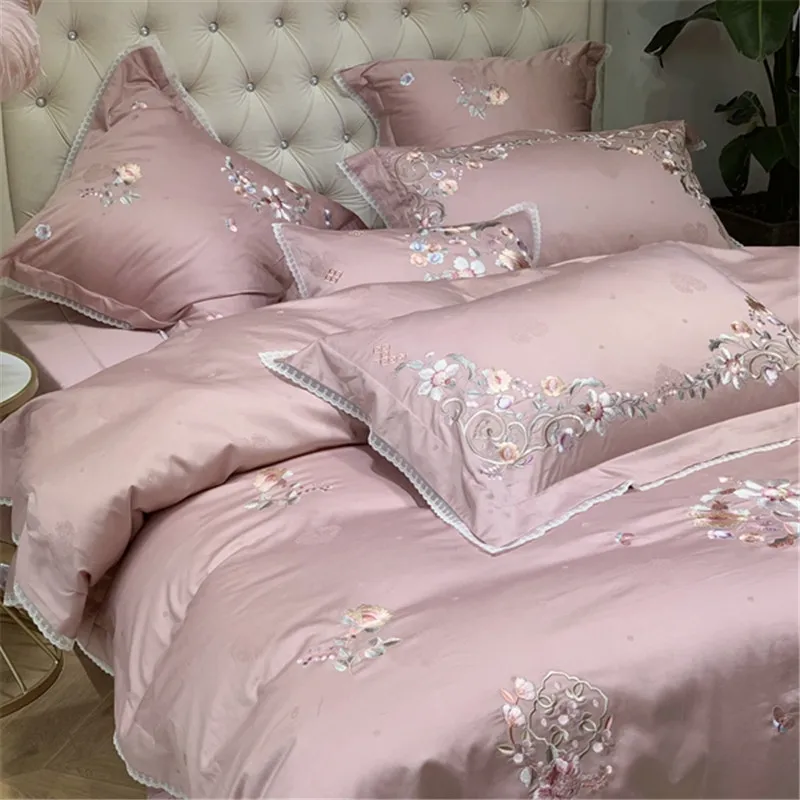 4/7 шт. 800TC египетского хлопка розового цвета с вышивкой и цветочным принтом