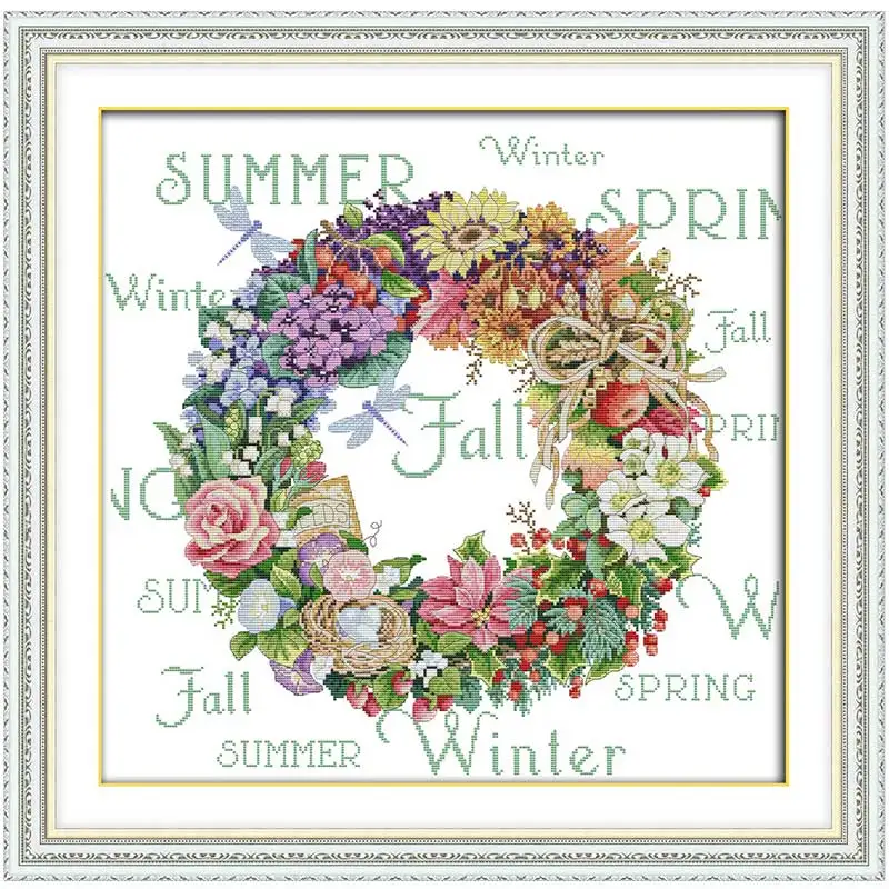 

Всесезонный венок из цветов, напечатанный на холсте 11CT 14CT, наборы для рукоделия, вышивка крестиком, наборы для рукоделия