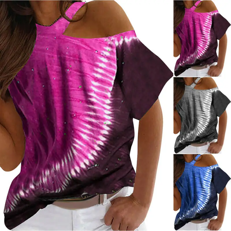 

Cofekate Women's Tshirts 2021 One Shoulder Hanging Neck Sexy Print Loose Short Sleeves New Gradient Color Shirts for Women