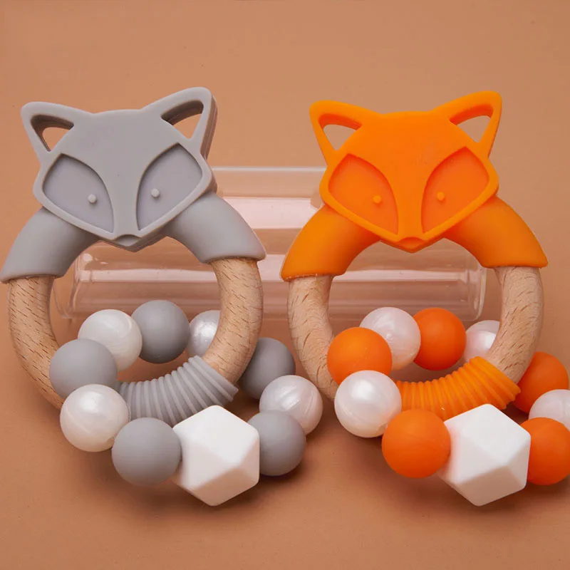 

Baby Teether Silicone Toy Wooden Cartoon Fox Beech Wood Ring No-BPA Silicone Bead Newborn Rattle Toys Oral Nursing Baby Product