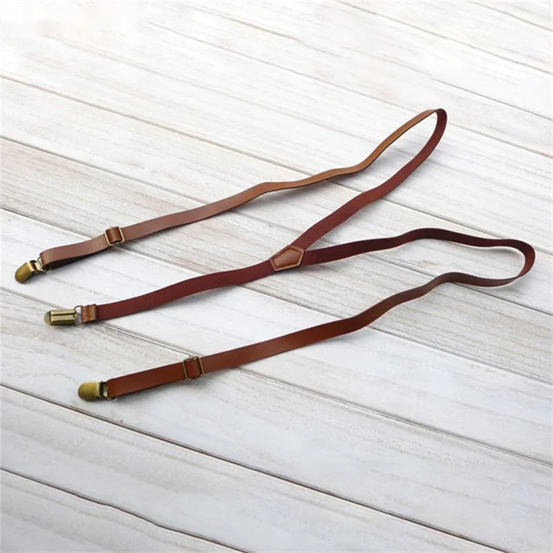 

Vintage British Retro Leather Tri-clamp Strap Leather Suspenders Women Decorated Korean Narrow Braces Men Section 1.5CM