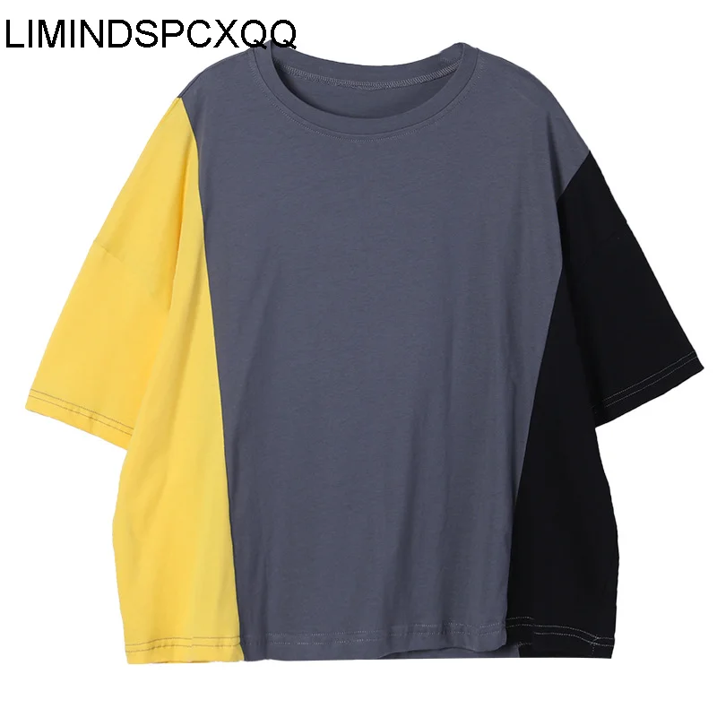 

LIMINDSPCXQQ South Korea 2021 Women's Splicing Shorts Contrast Sleeve T-shirt Women's T-shirt Cotton Casual Girl's Top Large