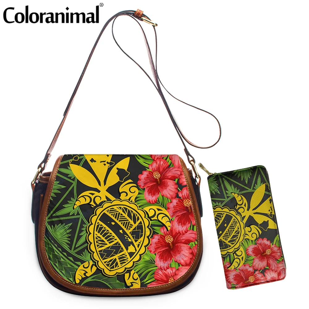 

Coloranimal Hawaii Polynesian Sea Turtle With Hibiscus Printing Ladies Shoulder Bag PU 2Pcs Crossbody Bag&Wallet for Women 2023