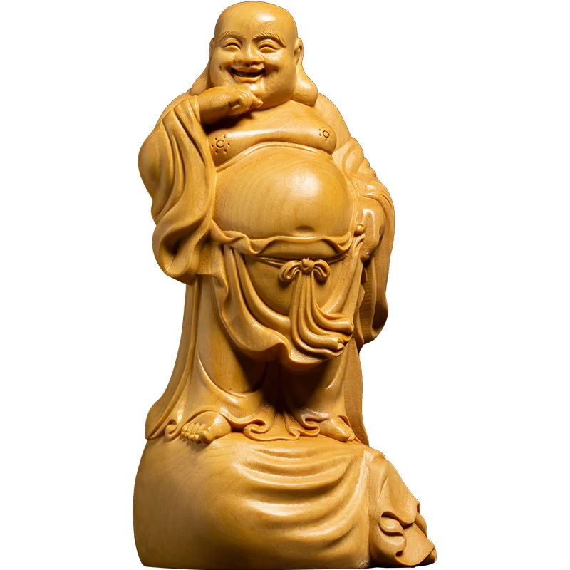 Большой живот MAITREYA статуя Будды BOXWOOD резные желтые деревянные украшения семья