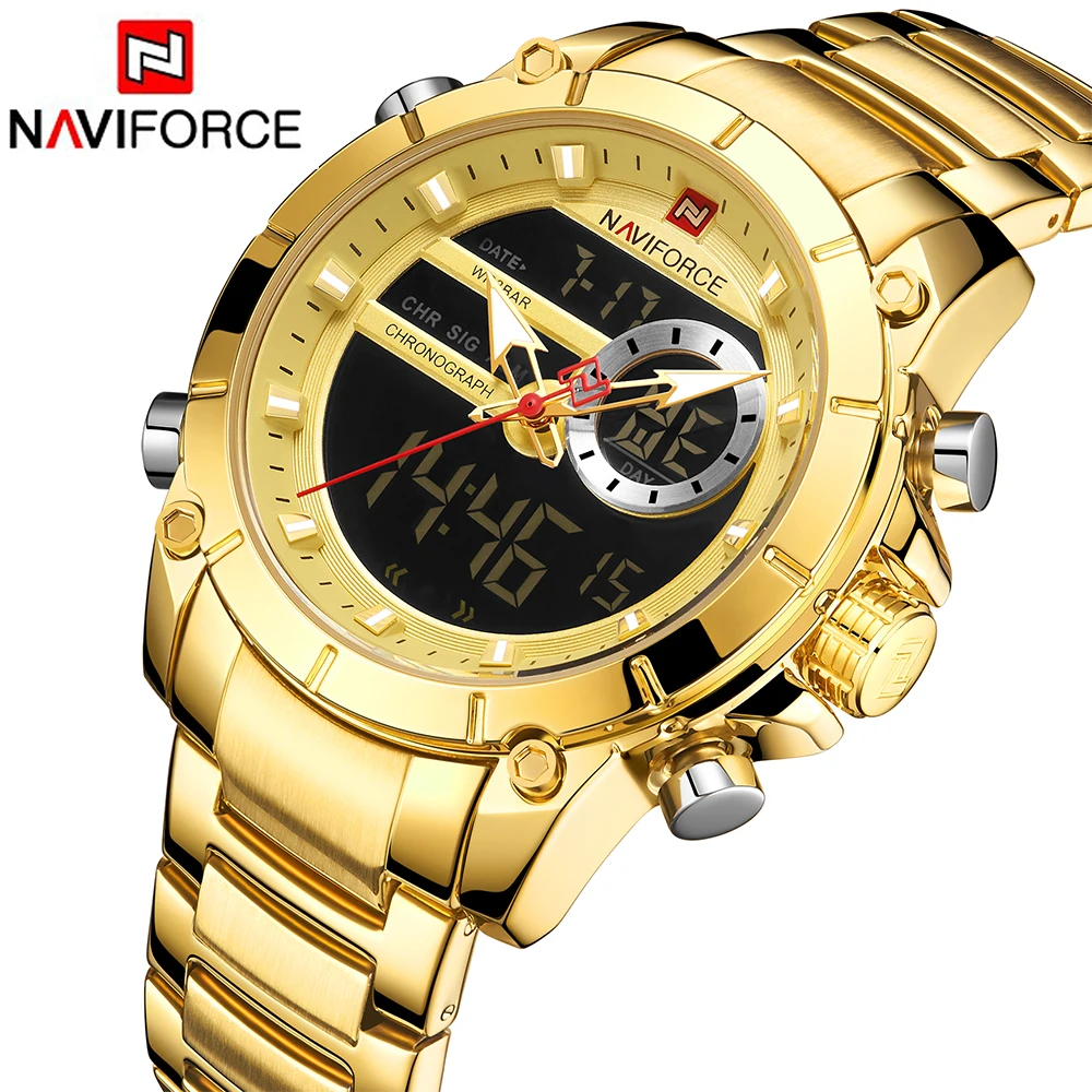 NAVIFORCE новые мужские спортивные часы Топ люксовый бренд кварцевые наручные часы сталь Водонепроницаемый двойной дисплей дата часы Relogio Masculino