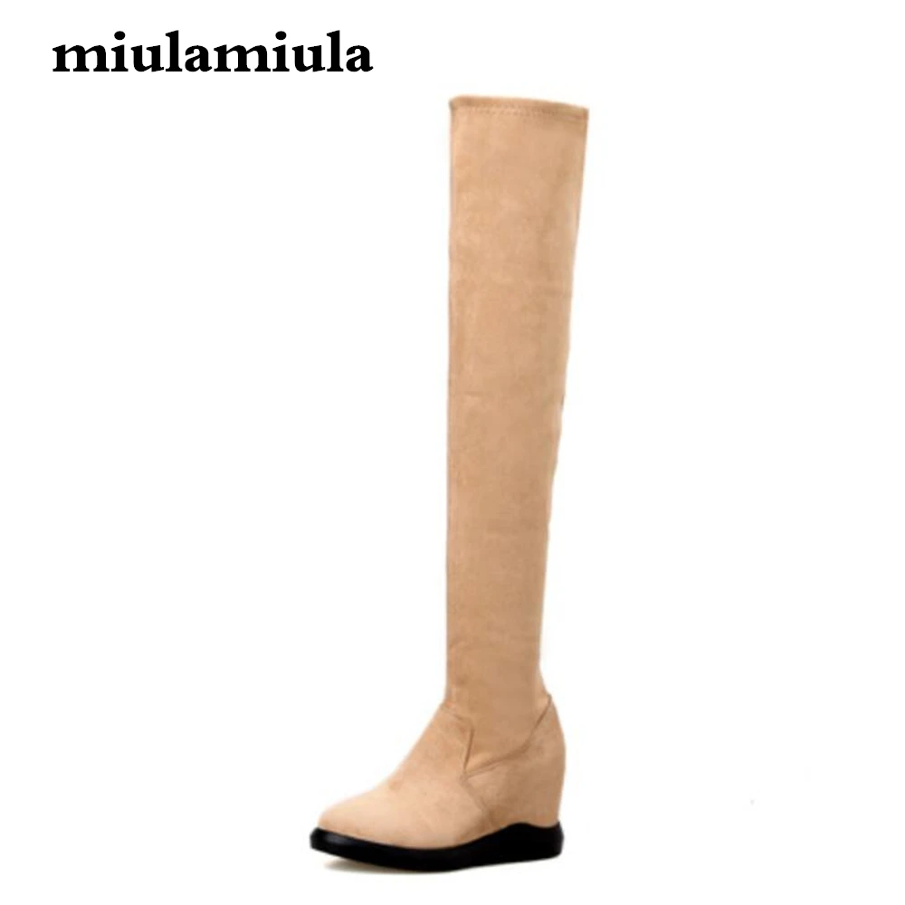 Miulamiula/новые зимние женские сапоги высокие для верховой езды Стрейчевые замшевые