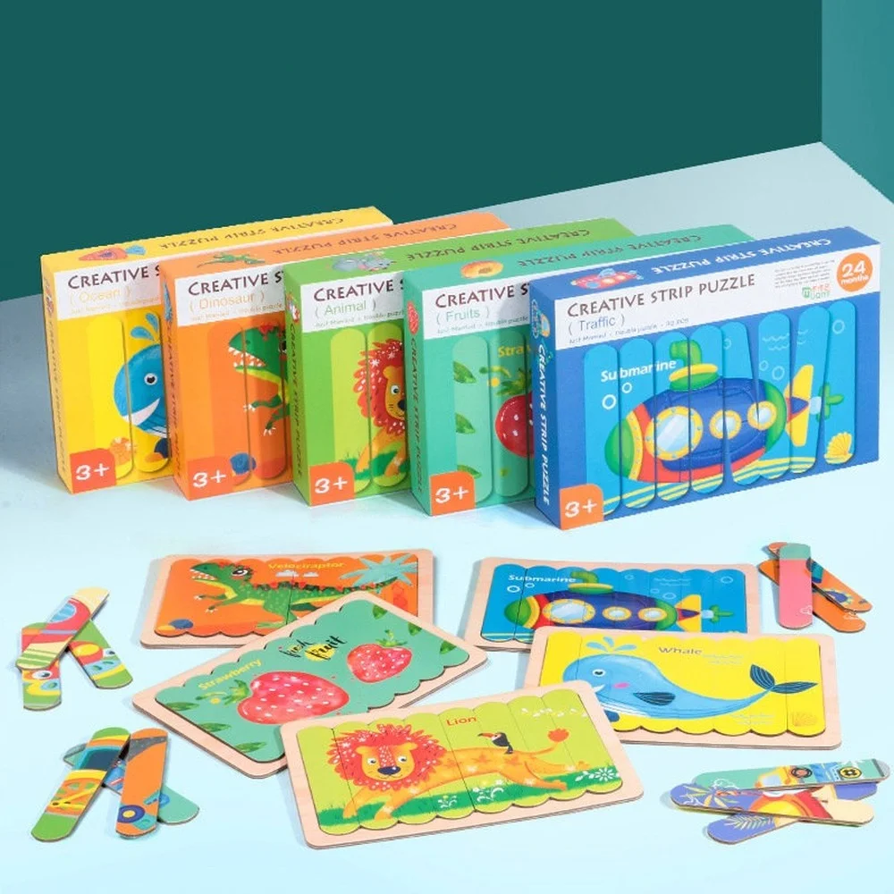 

Kid Brain Wooden Toy Double-sided 3D Strip Animal Puzzle Telling Stories Stacking Jigsaw Montessori Educational Toy for Children