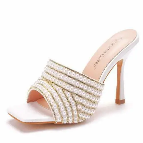 

Womens Trendy Summer Peep Toe Pearls Dress Shoes High Heels Slippers C146