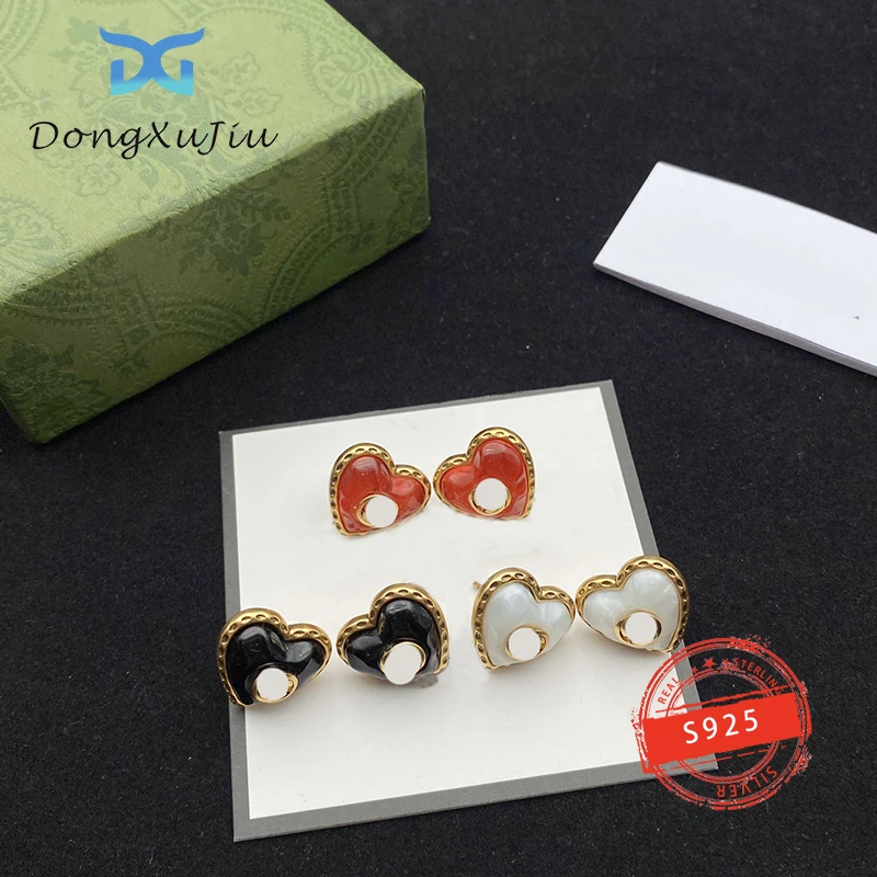 

High quality sterling silver jewelry earrings, original brand heart double G band logo, women's high-end jewelry