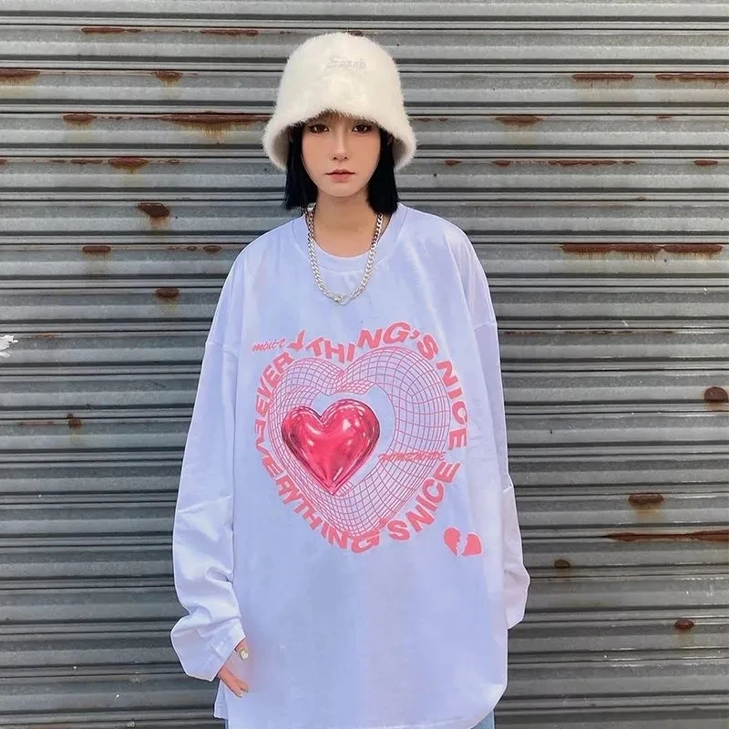 Casual Harajuku Love Letter Print Long Sleeve Women T-shirt Fashion Vintage Streetwear Top Hip Hop Y2K E-girl Teen Couple Unisex