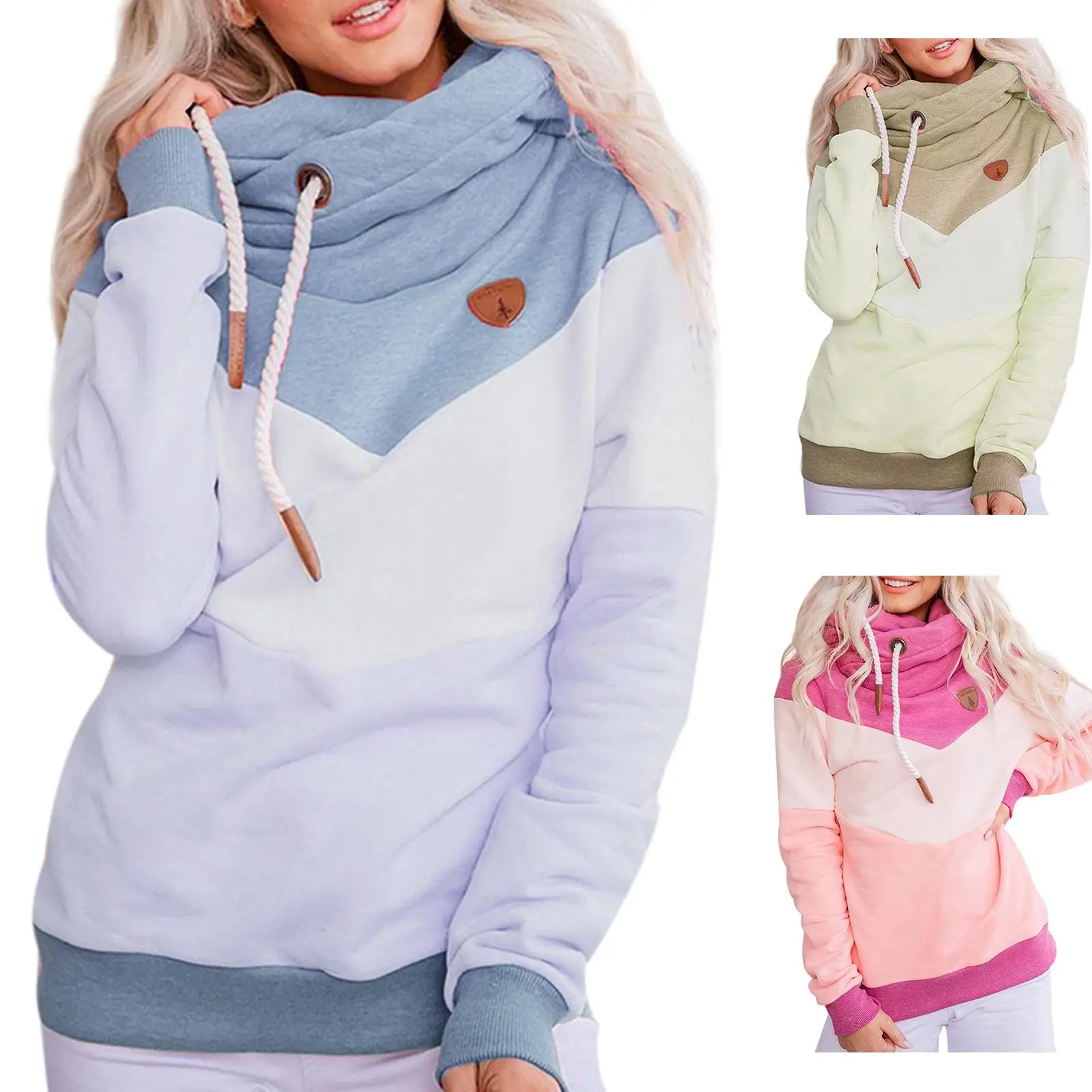 

Women Casual Color Block Patchwork Drawstring Long Sleeve Hoodie Sweatshirt