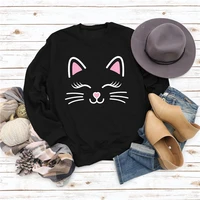 autumn and winter womens sports sweater womens loose cat cute cartoon pink print cat ears round neck sweater