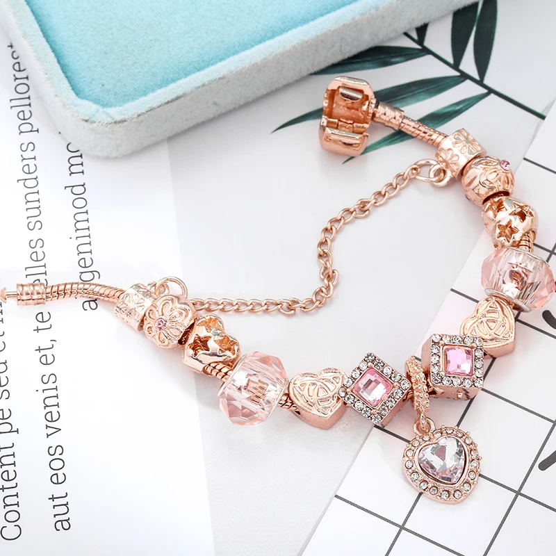 

Seialoy Rose Gold Beads Popular Charm Bracelets For Women Heart Handmade Pulseiras Love Heart Bracelete & Bangle Jewelry Gift