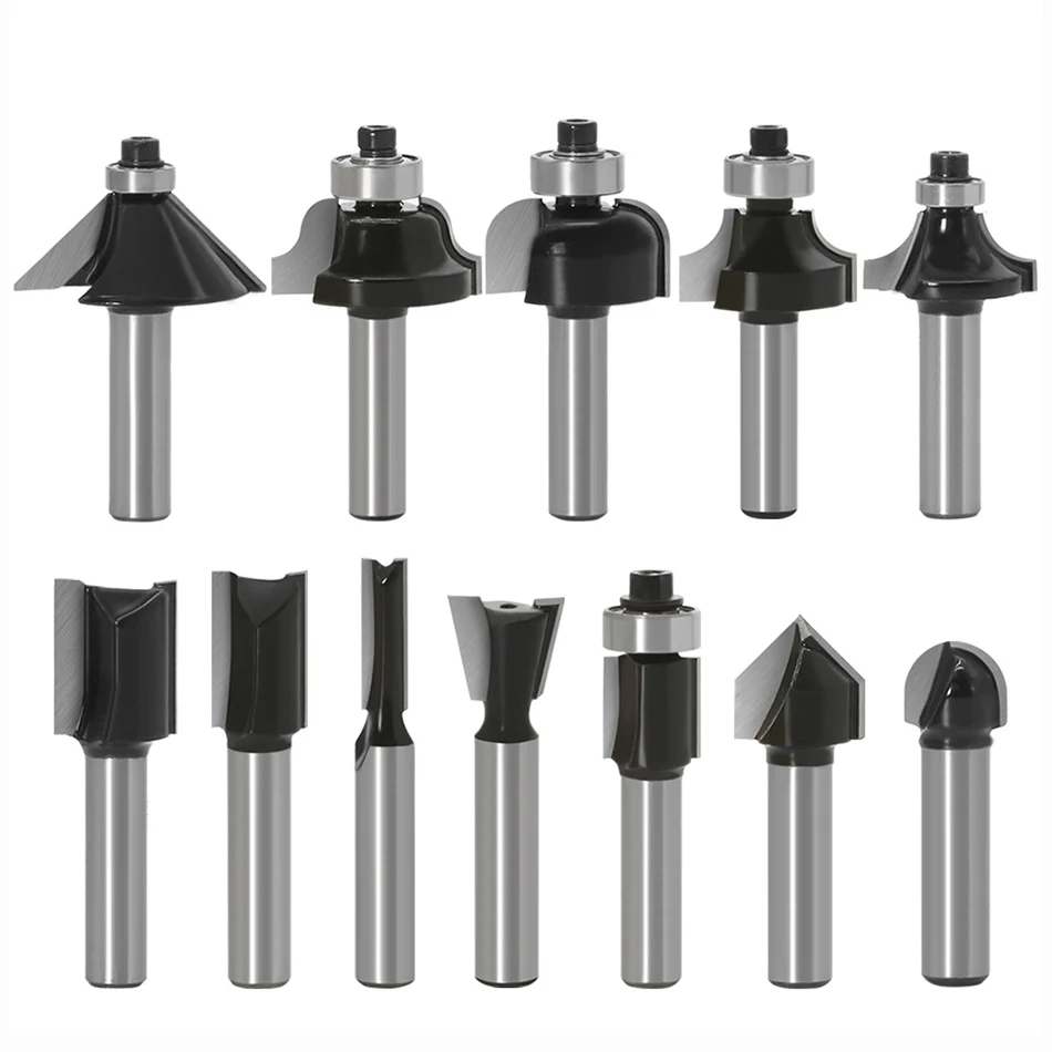 

12pcs 8mm Shank wood router bit Straight end mill trimmer cleaning flush trim corner round cove box bits tools Drilling Milling