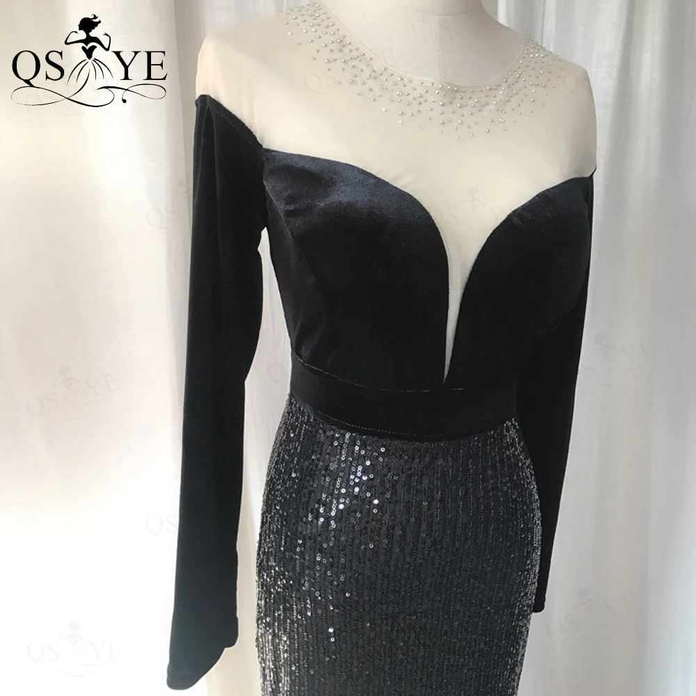 

QSYYE Black Long Evening Dresses Long Sleeves Mermaid Gown Prom Velvet Bodice Party Dress Fading Sequin Formal Gown Fitting