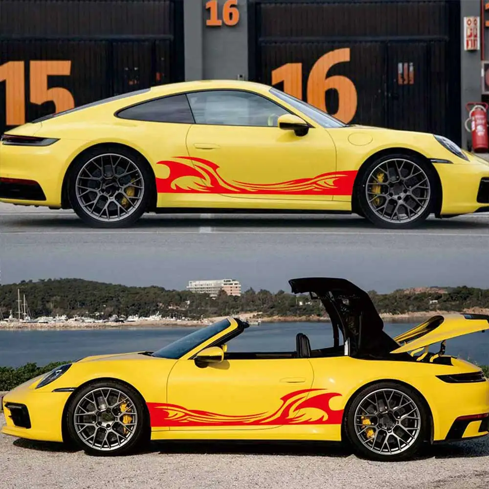 

2 pcs Car Side Stickers Flame Pattern Waistline Stripe Sticker Racing Sports Decal Auto Vinyl Film Stickers Car Accessories