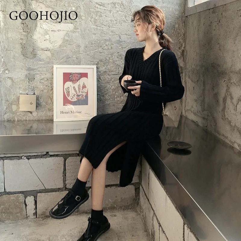 

GOOHOJIO 2020 Autumn Split Pullover Solid Long Sweater Women Winter Knitting Sweaters Women Long Sleeve Casual Ladies Sweater
