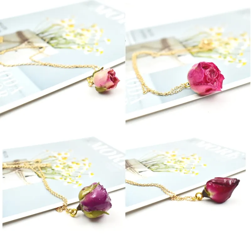 

1PC Dry Flower Necklace Gold Chain Real Rose With Resin Personalized Customised Necklace For Women