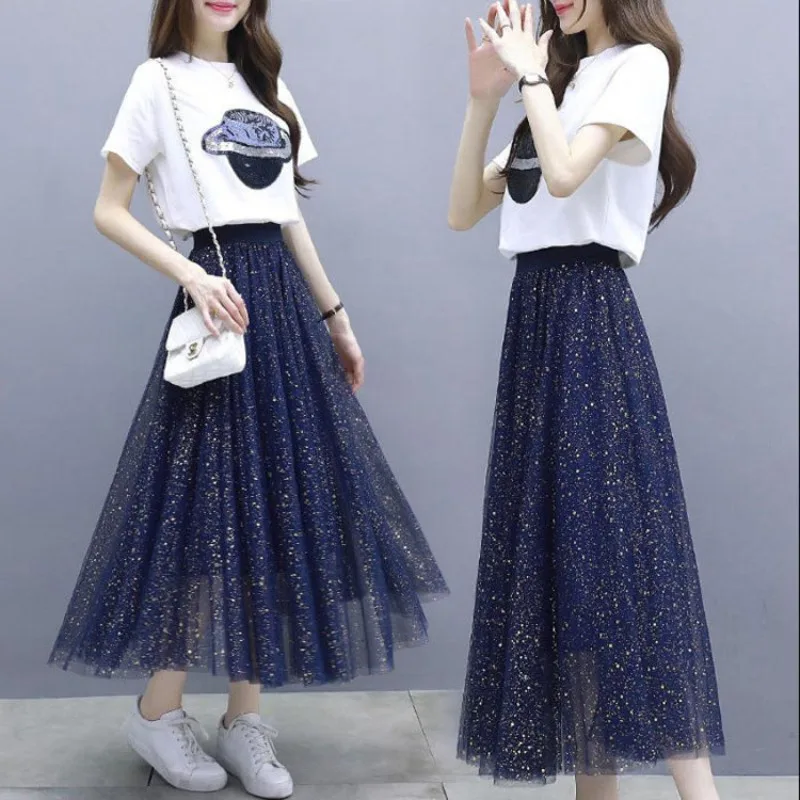 Женский комплект 2 шт. блестящая сетчатая юбка + футболка с рисунком планеты