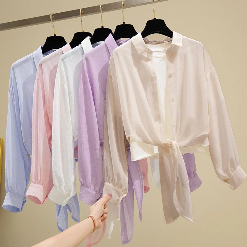 Summer Womens Tops and Blouses Long Sleeve Top 2020 Chiffon Shirt Turn-down Collar Solid Sunscreen Cardigan Office Blouse solid color turn down collar single breasted long sleeve office blouse plus size streetwear womens casual tops and blouses