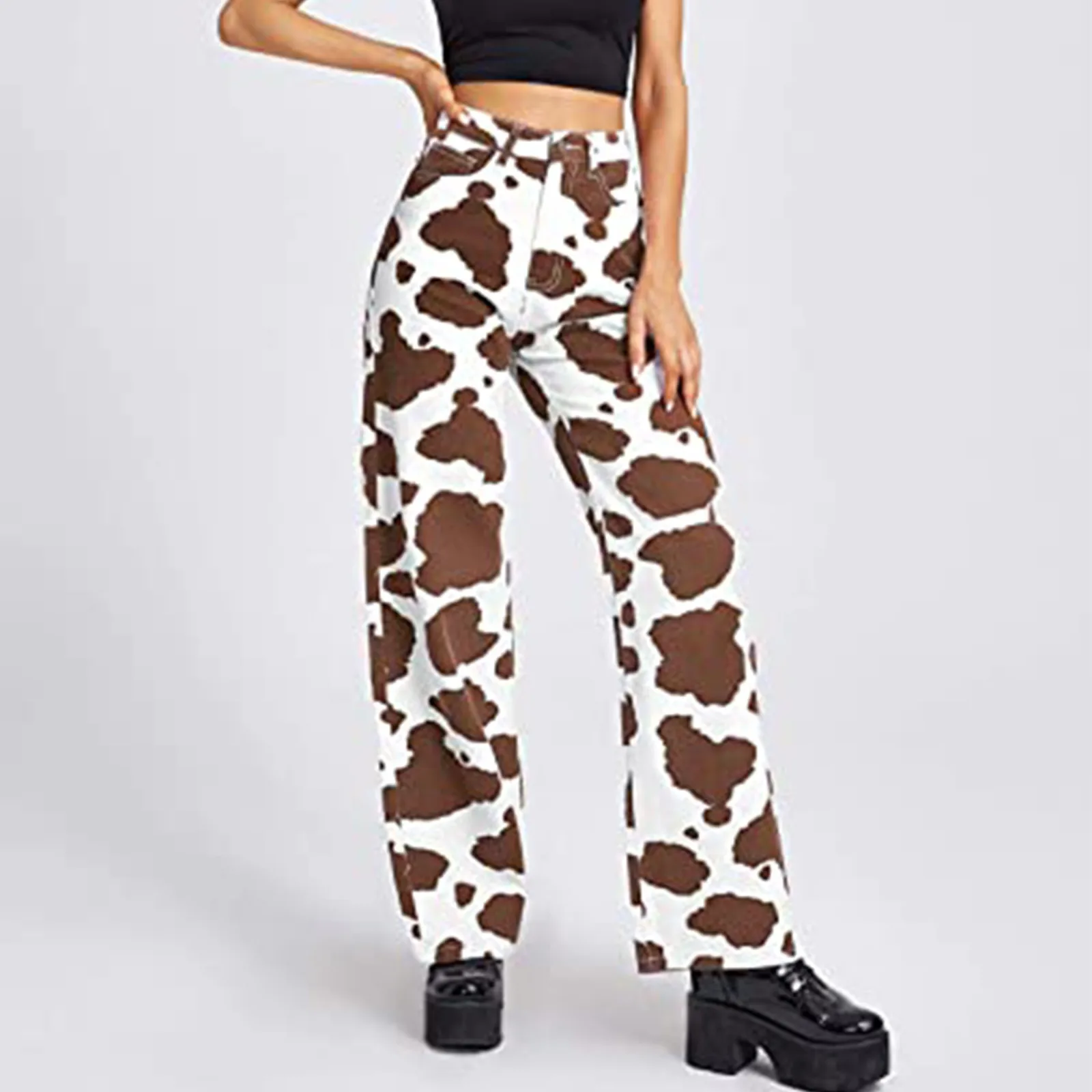 

Vintage Cow Print Baggy Jeans Women Casual High Waisted Pants Loose Harajuku 90s Black White Long Trousers Ladies джинс Street