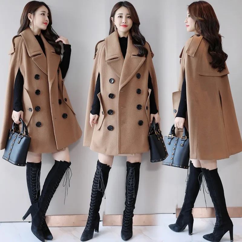 

England Style Women Winter Wool Cloak Coat Batwing Sleeve Double Breasted Blends Outerwear Warm Windbreaker Woolen Cape Coats