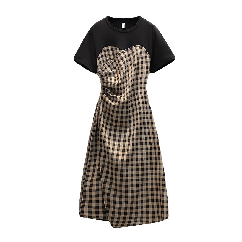 

M-4XL women plus size vintage plaid dresses 2021 Summer short sleeve o neck Patchwork elegant Office party long dress vestido
