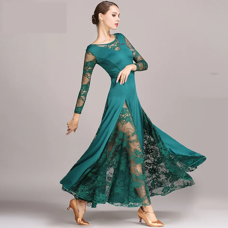 

Sexy lace ballroom dance dress for woman long sleeves waltz tango dance dresses standard ballroom dress black/red/blue/green