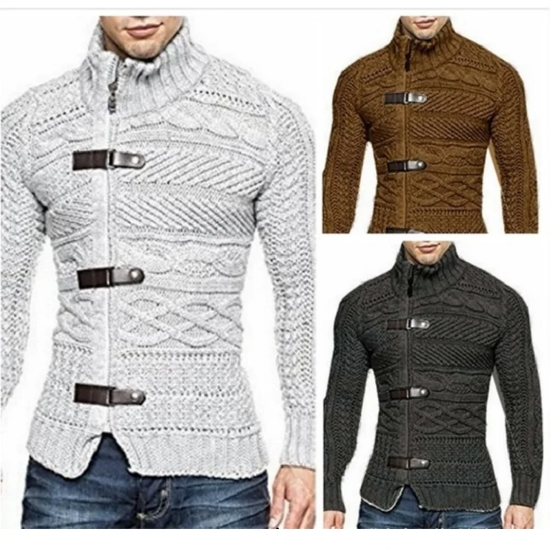 

High Neck Leather Buckle Zipper Cardigan Long Sleeve Sweater Men Autumn and Winter New Slim Knitted Sweater Harajuku Clothing