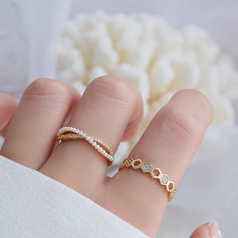 

Vintage Noble 14k Real Gold Jewelry Simple Temperament Rings for Women Adjustable Open Brilliant Zirconia Wedding Ins Hot Gift
