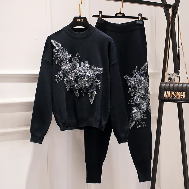 BLLOCUE 2020 Autumn Winter Female Korean Flowers Loose Long-Sleeved Knit Sweater pants suit Two Piece Set Trousers