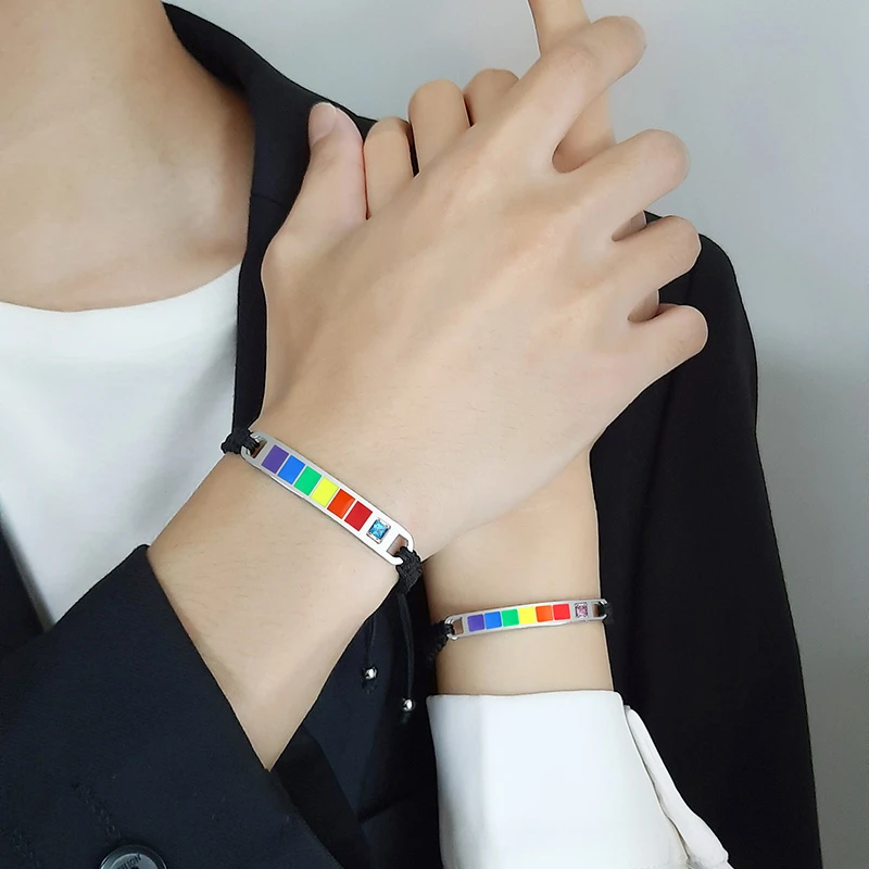 Пара браслет с символикой ЛГБТ нержавеющая сталь бар флаг плетеный Lebian Радуга