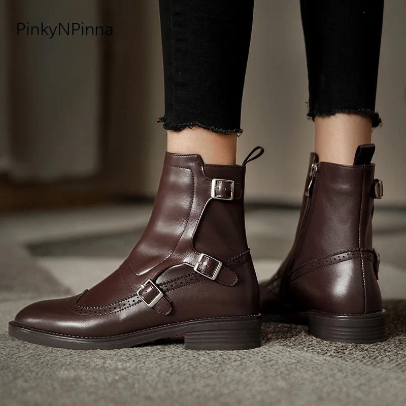 

2020 winter warm plush luxury women vintage full genuine leather ankle boots metal buckle western horse riding cowboy wild