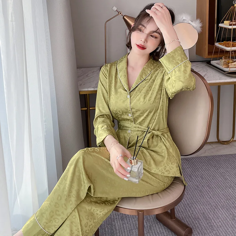 

Spring Autumn Faux Silk 2PCS Pajamas Suit Women's Leopard Fashion Home Wear Comfort Sleepwear Casual Turn-down Collar Nightwear