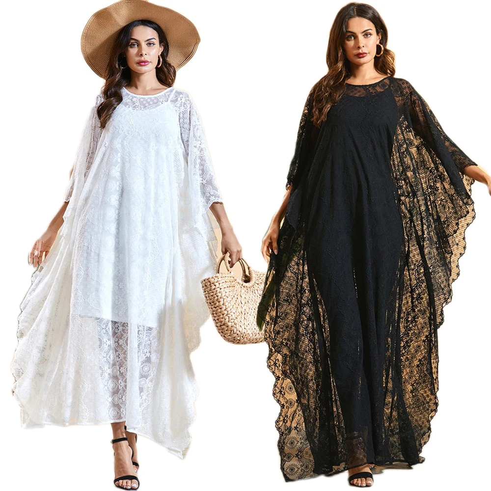 

Moroccan Lace Kaftan Women Maxi Dress Tunic Caftan Holiday Beach Cover Up Summer Batwing Sleeve Oversize Dresses Abaya Dubai New