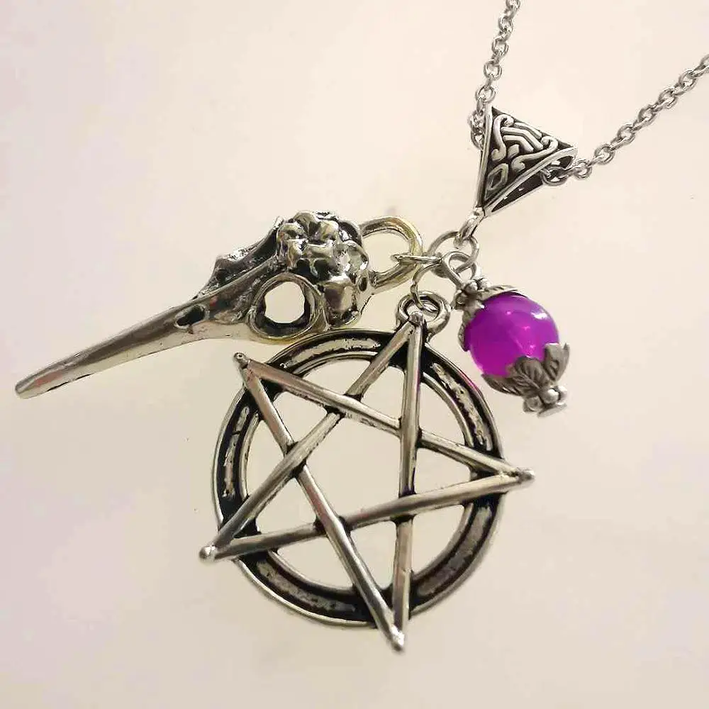 

New Fashion Goth Pentacle Necklaces For Women Wen Pentagram Star Crow Skull Pendant Chain Necklace Gothic Wiccan Pagan Jewelry
