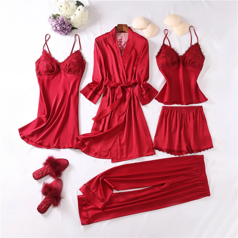 5PCS Faux Silk Women Pajamas Set Solid Sleepwear Shorts Spring Summer Homewear Robe Set Lace Nightdress Sleep Dress Pajama